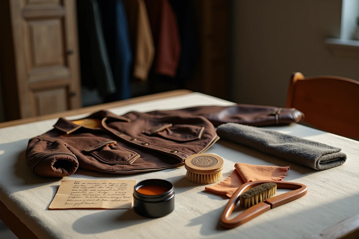 Flat lay des accessoires d'entretien pour veste homme vintage en cuir sur une table en chêne rustique