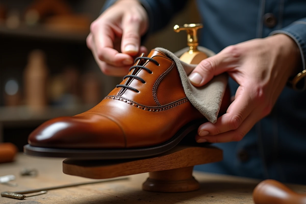 Mains appliquant du cirage marron sur une chaussure derby en cuir montée sur un embauchoir en bois