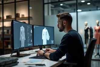 Artiste 3D travaillant sur un logiciel de simulation de vêtements CLO dans un studio de design moderne avec double écran