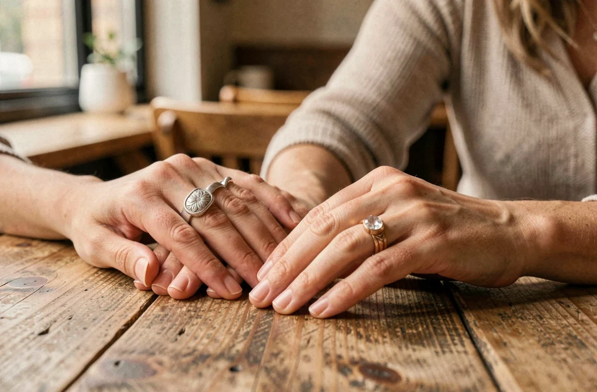 Deux mains de femmes comparant des associations de bagues chevalières et alliances en argent et or rose