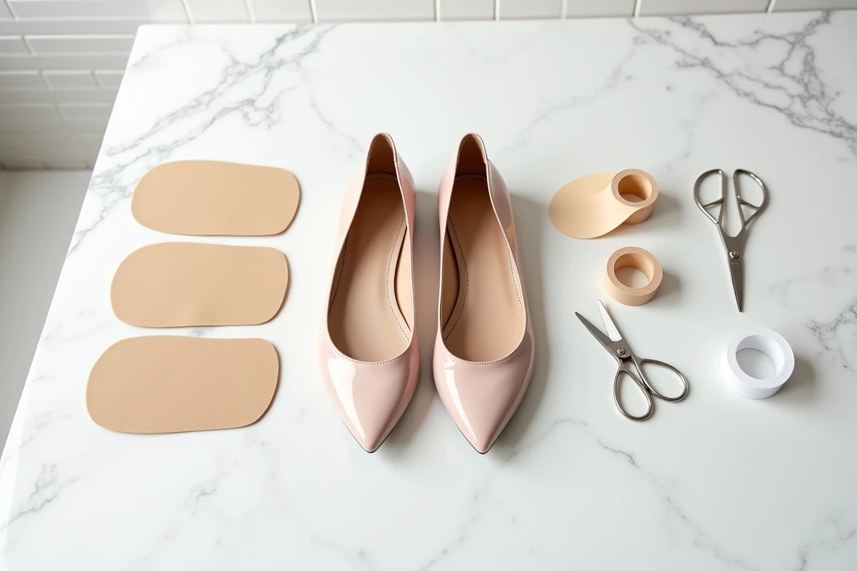 Vue du dessus d'une paire de ballerines trop grandes avec des semelles et accessoires pour ajuster la pointure