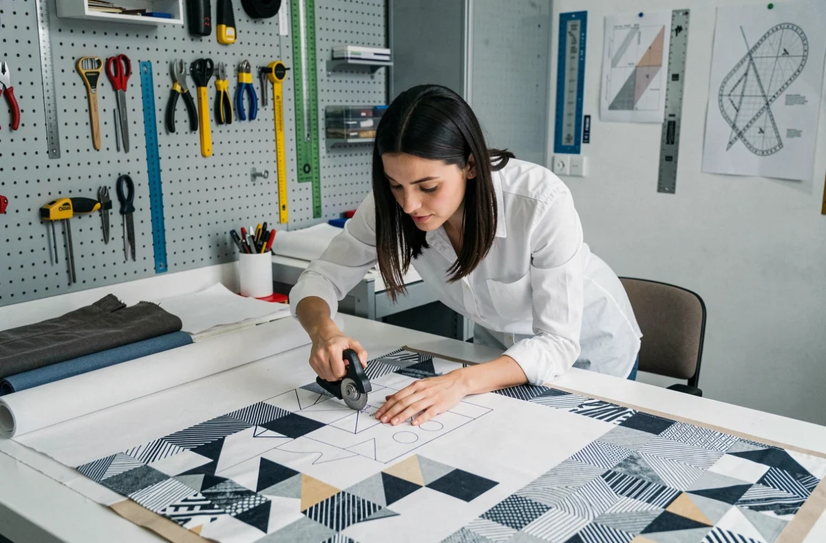 Couturière de l'Atelier Arteli à Montpellier découpant un patron sur du tissu géométrique avec une roulette