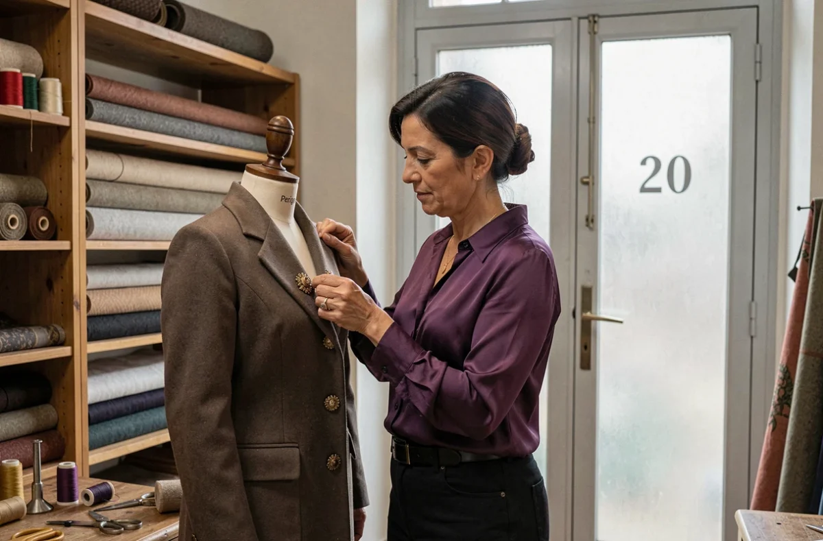 Couturière de L'Atelier Couture Numéro 20 à Perpignan fixant des boutons décoratifs sur un manteau structuré