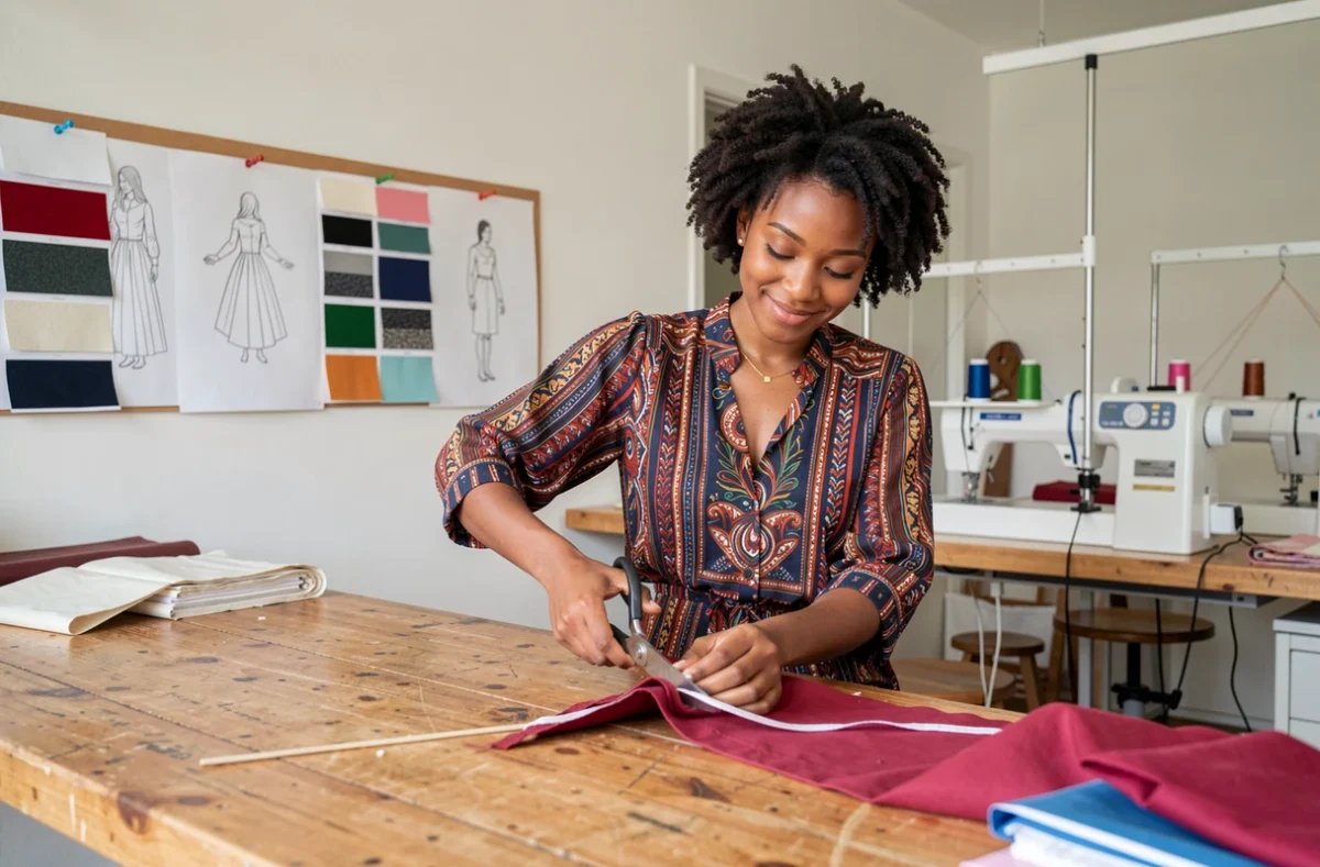 Couturière de l'Atelier Couture par Tsiky à Montpellier découpant du tissu avec des ciseaux professionnels