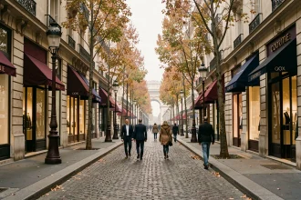Vue grand angle de l'Avenue des Champs-Élysées avec ses facades de boutiques de luxe, piétons et arbres aux feuilles dorées en automne