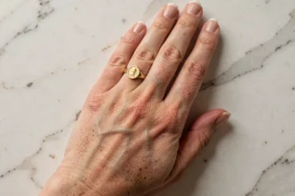 Main de femme portant une bague chevalière en or et une alliance assortie sur marbre blanc