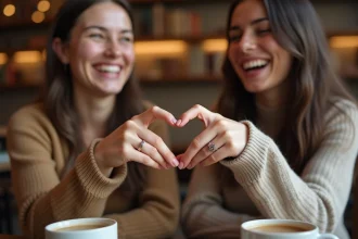 Deux amies portant chacune une demi-bague cœur magnétique BFF qui s'assemblent lorsqu'elles joignent leurs mains dans un café chaleureux