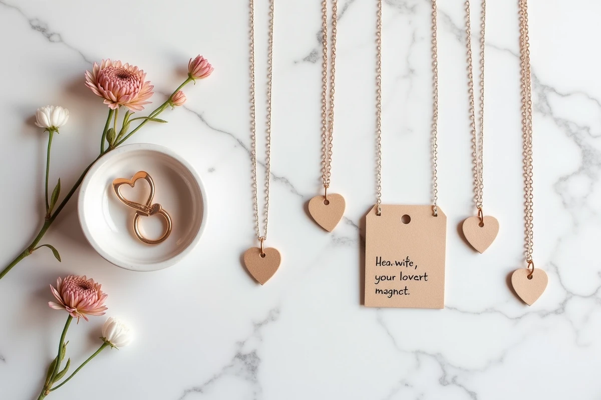 Vue à plat d'un ensemble bague cœur magnétique BFF et colliers aimantés assortis disposés sur un marbre blanc avec des fleurs séchées et un message manuscrit