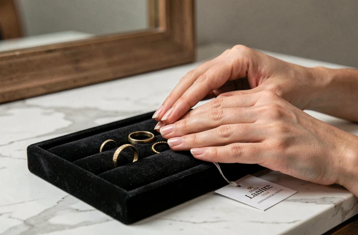Mains féminines présentant des bagues en or SRD Bijoux sur plateau en velours avec étiquette de garantie