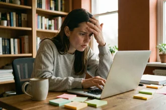Femme frustrée devant son ordinateur portable en train de gérer les erreurs de son blog
