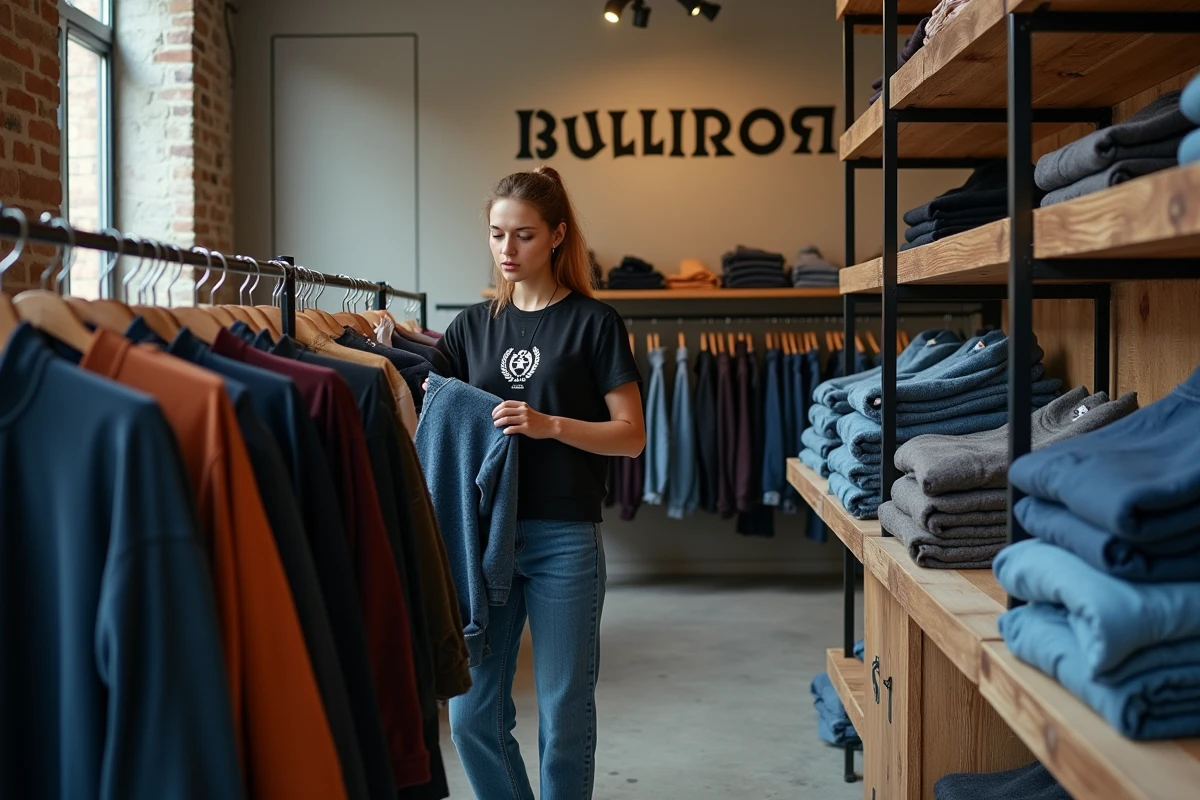 Boutique parisienne indépendante présentant la collection Bullrot streetwear avec une vendeuse