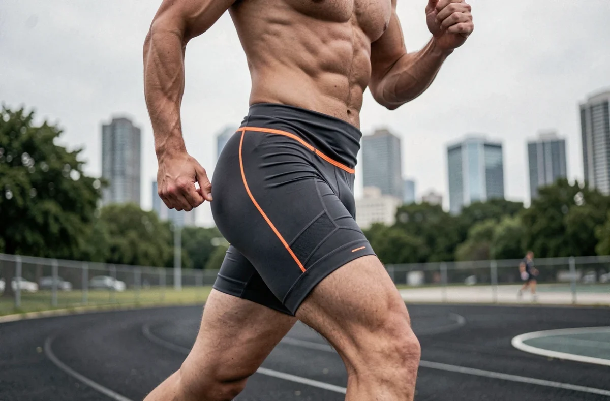 Coureur masculin en mouvement sur une piste urbaine portant un boxer compression personnalisé avec bande latérale orange