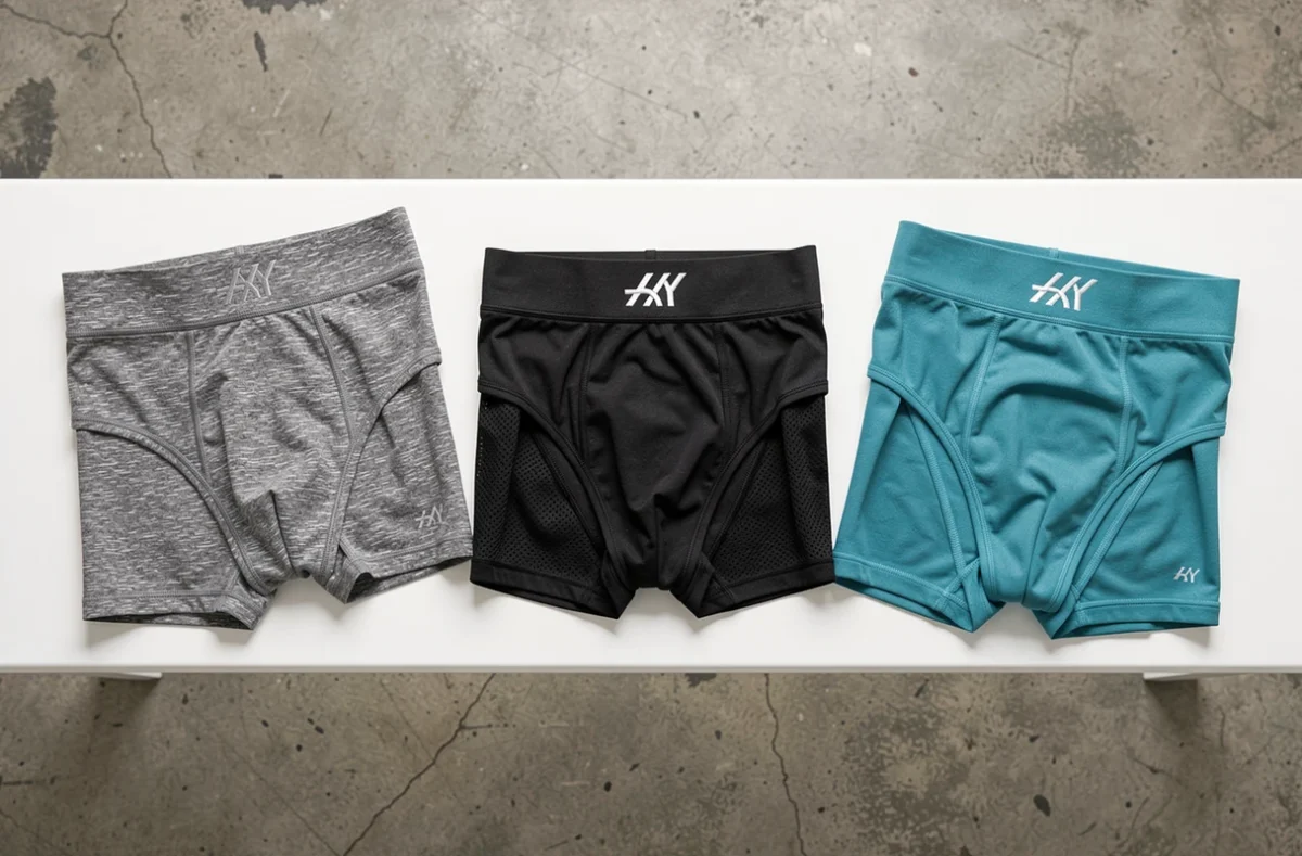 Trois boxers sportifs personnalisés en tissus techniques différents présentés en flat lay sur un banc blanc minimaliste
