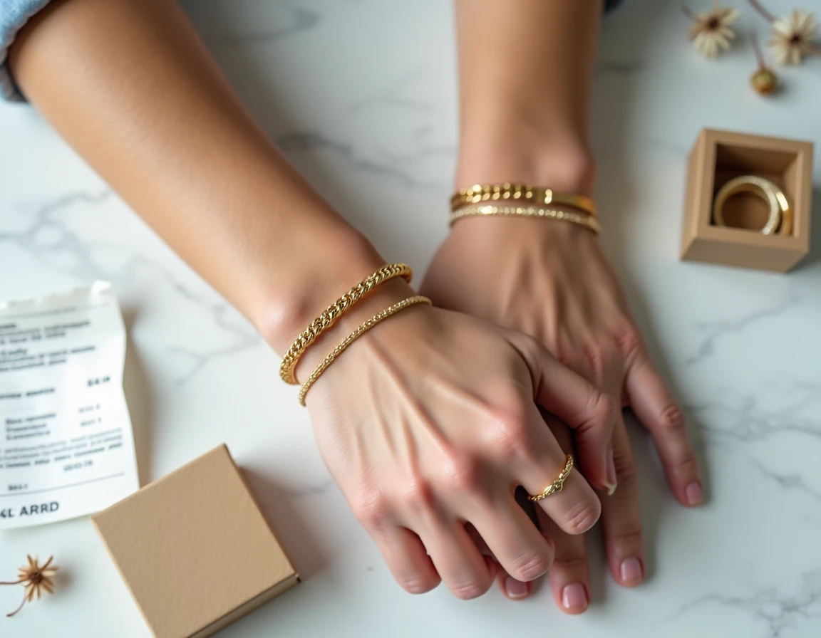 Gros plan de bracelets de couple dorés assortis sur marbre avec boîte cadeau, bijoux abordables de qualité