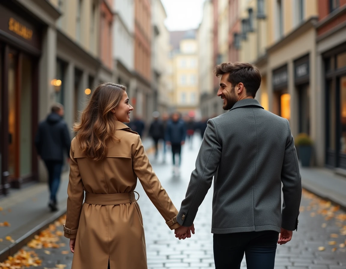 Couple se promenant dans une rue pavée en automne avec des bracelets assortis en acier, bijoux de couple tendance