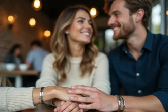 Couple portant des bracelets assortis en argent dans un café, bijoux de couple minimalistes pas chers
