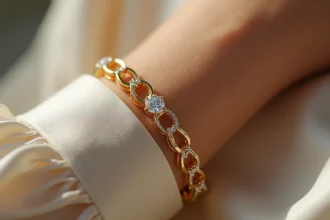 Bracelet femme en or jaune 18 carats serti de diamants porté au poignet sur fond de blouse en soie crème