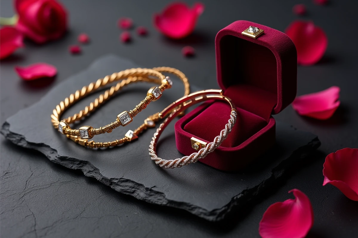 Flat-lay de deux bracelets de luxe en or jaune et or rose sertis de diamants sur ardoise sombre avec écrin en velours bordeaux