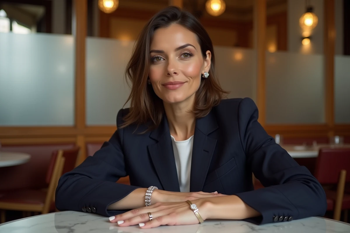 Femme élégante portant un bracelet tennis en or blanc et diamants dans un café parisien chic