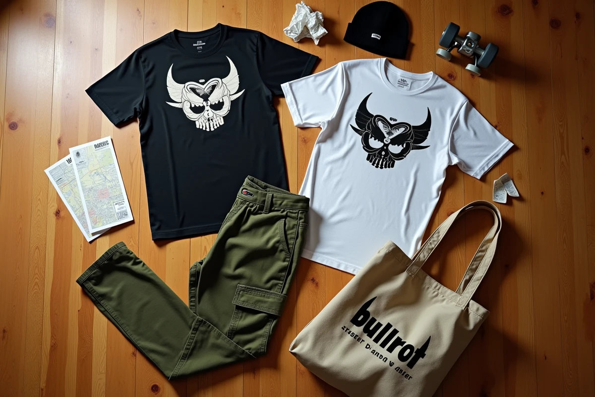 Flat-lay de vêtements et accessoires de la marque Bullrot streetwear sur parquet usé
