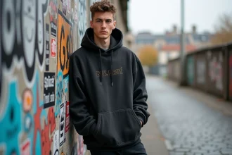 Jeune homme portant un hoodie Bullrot streetwear devant un mur de street art parisien