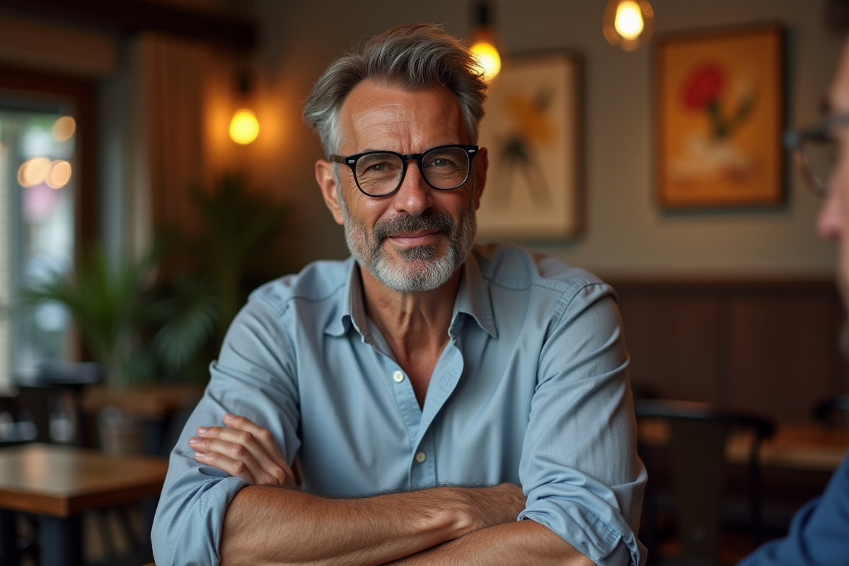 Homme célèbre en lunettes dans un café cosy intérieur