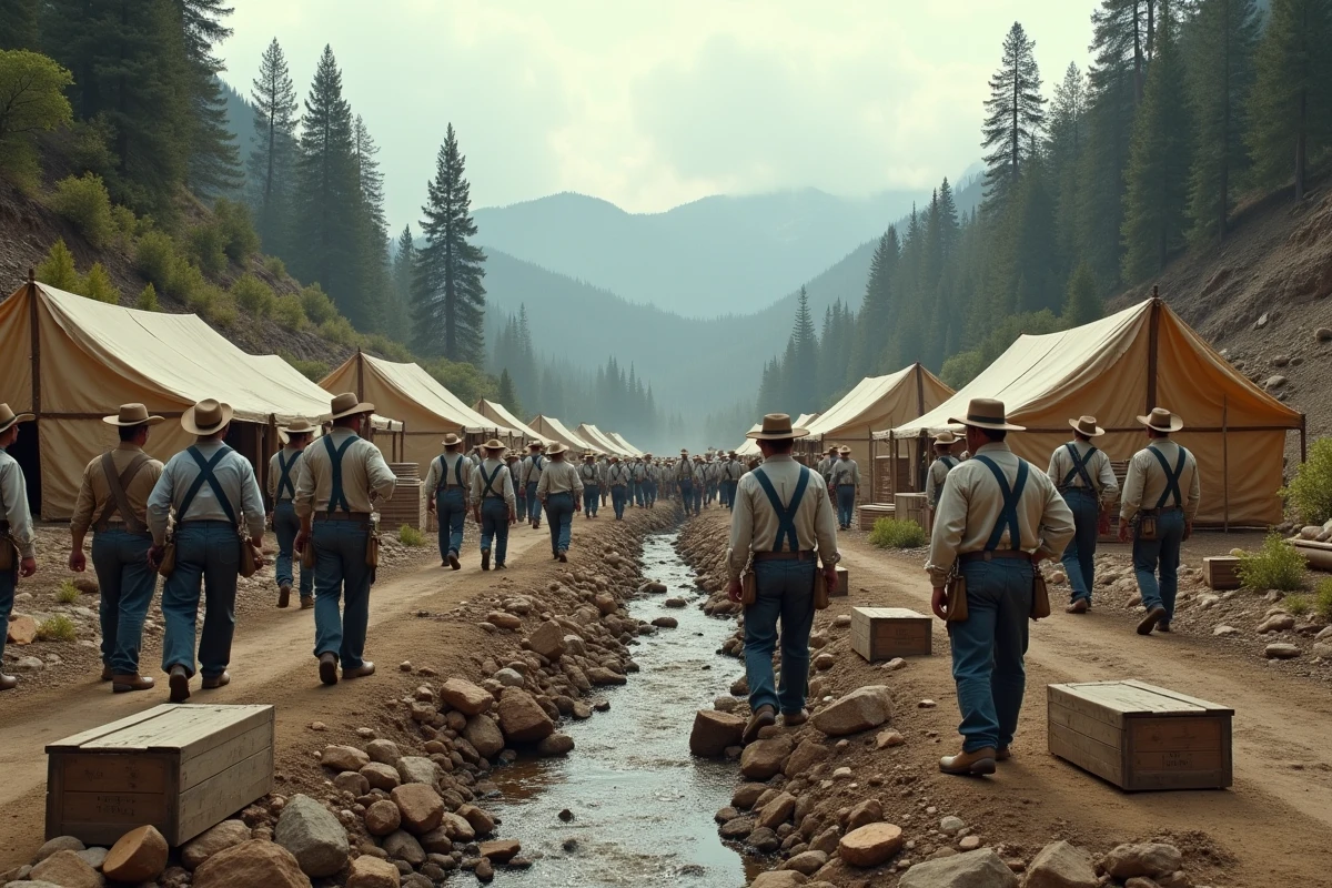 Camp minier de la ruée vers l'or en Californie vers 1850 avec des mineurs portant des pantalons en jean denim indigo, tentes en toile et équipements de prospection, illustration historique de l'origine du jean