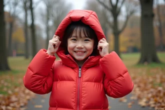 Fillette portant une capuche doudoune seule en rouge corail dans un parc en automne, sécurité et chaleur pour enfant