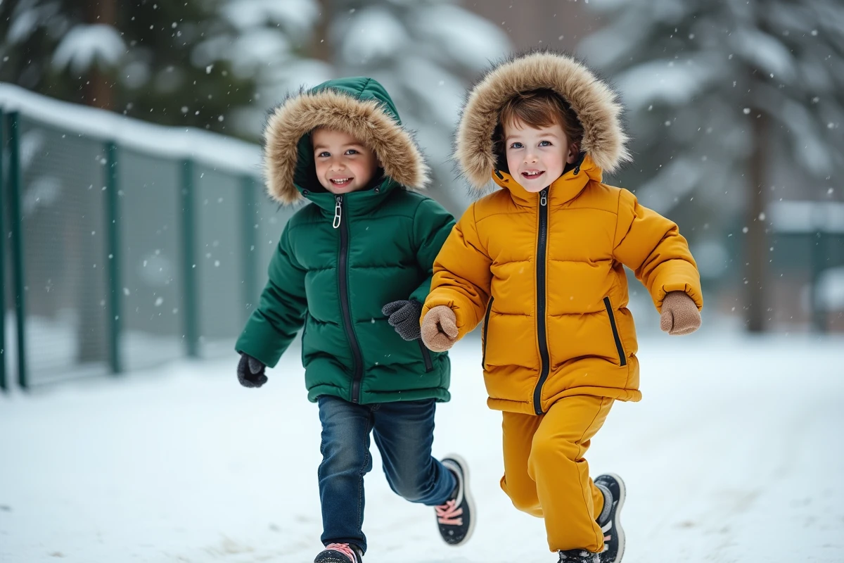 Deux enfants courant dans la neige avec des capuches doudoune seules vertes et jaunes, chaleur et liberté de mouvement en hiver