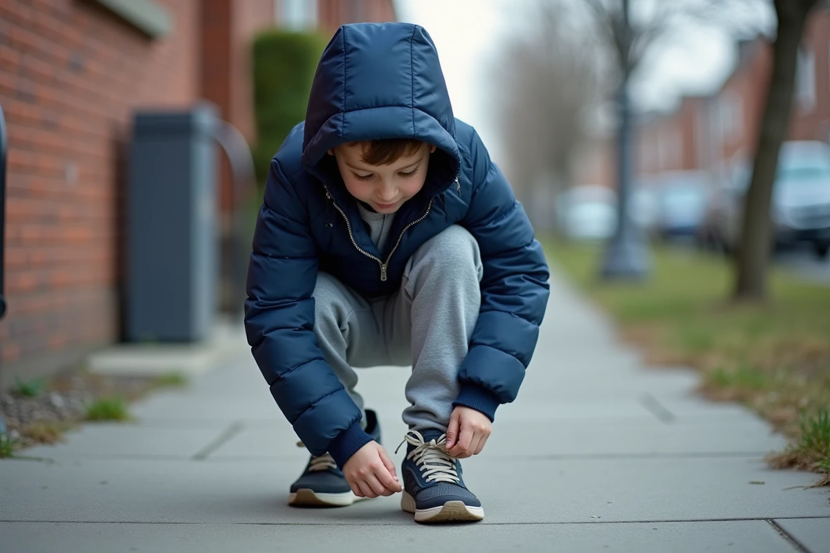 Garçon en capuche doudoune seule bleu marine dans un contexte urbain, liberté de mouvement et confort pour enfant