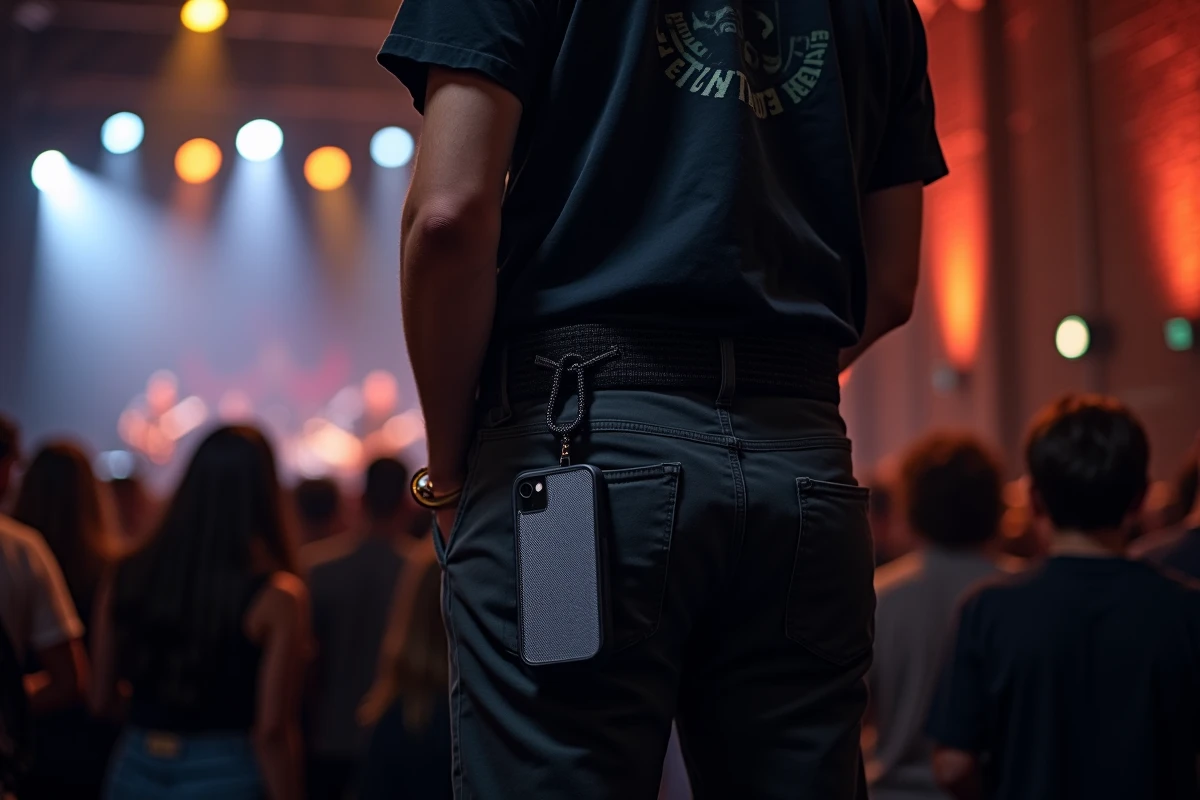 Homme avec chaîne de sécurité pour téléphone dans une salle de concert intérieure