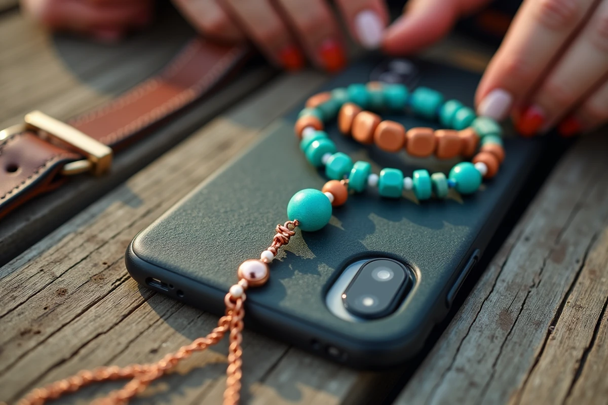 Chaîne de téléphone colorée posée au sol d'un festival avec bracelet et sac bandoulière