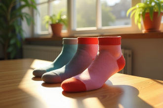 Paire de chaussettes colorées sur une table en bois