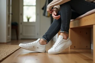 Femme assise tenant une chaussure trop grande qui glisse de son talon dans un couloir d'appartement