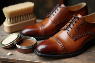Chaussures Oxford marron cirées posées sur un établi en bois avec un pot de cirage et une brosse à lustrer
