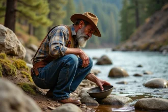 Chercheur d'or en jean indigo du XIXe siècle accroupi au bord d'une rivière californienne en train de tamiser de l'or, évoquant les origines de la ruée vers l'or et du denim Levi Strauss