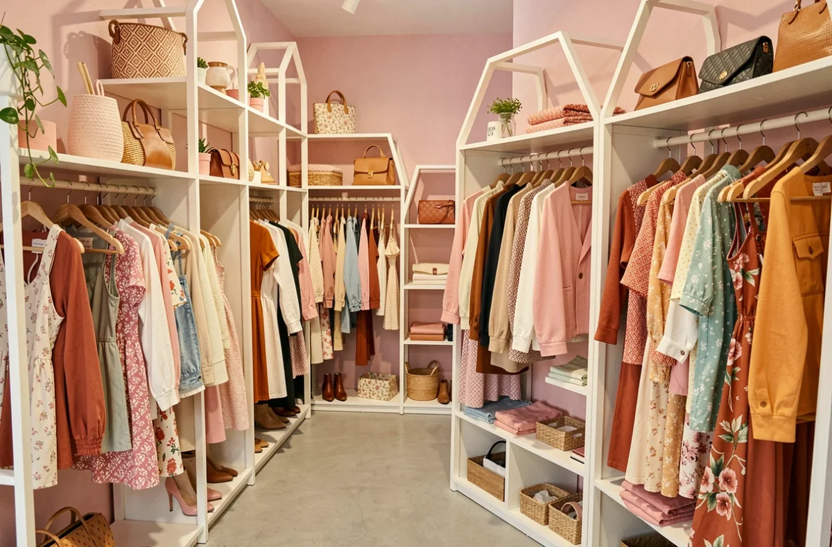 Intérieur du Chochoshop à Cholet avec des vêtements féminins colorés et des accessoires lifestyle exposés sur des portants en bois minimaliste