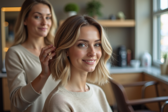 Femme souriante avec coupe bob dans un salon moderne