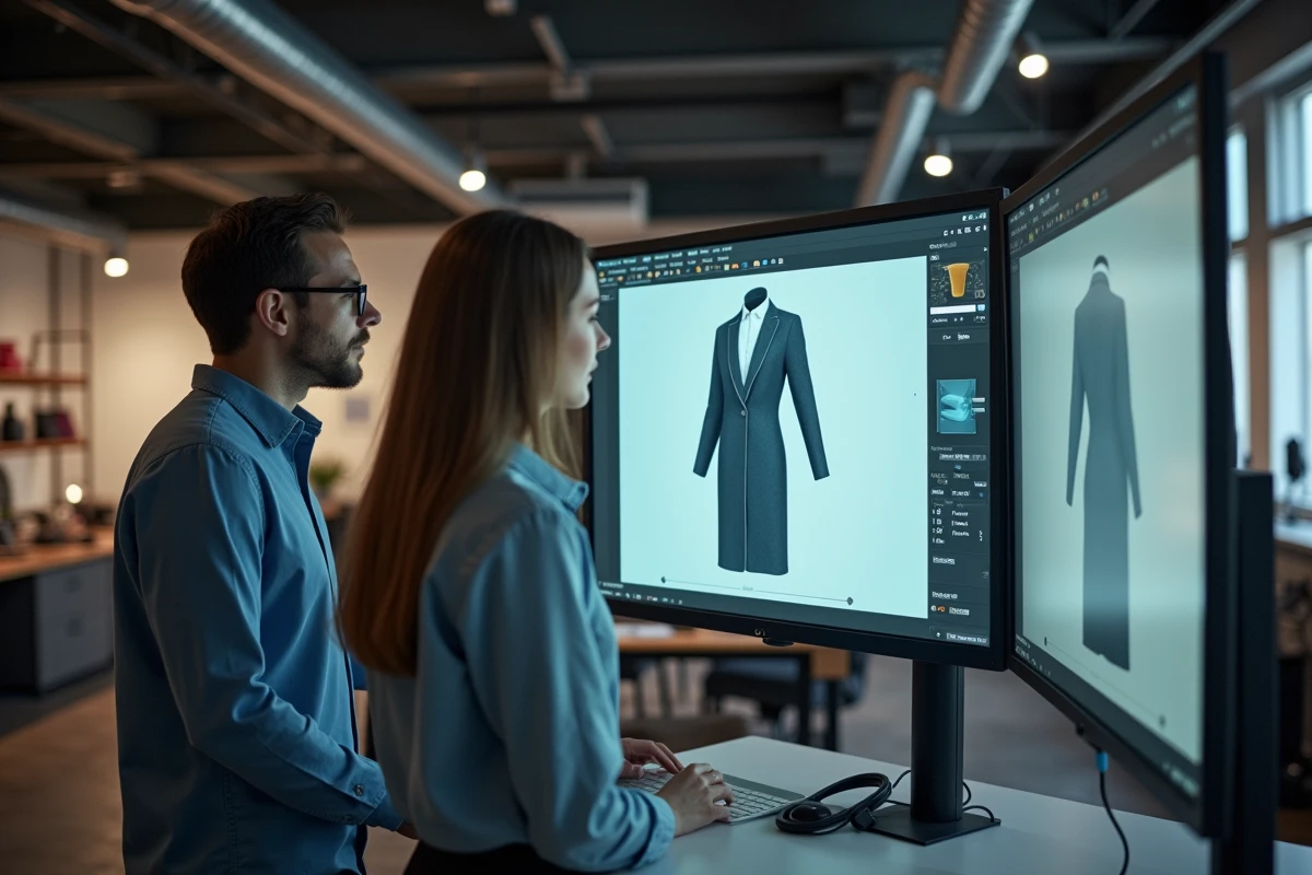 Deux professionnels de la mode numérique collaborant sur une simulation de vêtement 3D CLO dans un bureau de type loft industriel