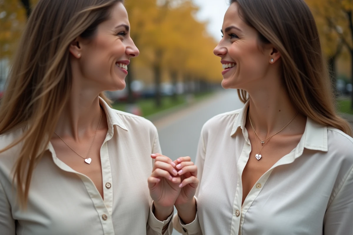 Deux amies portant des colliers aimantés demi-cœur assortis qu'elles rapprochent l'une de l'autre dans un parc urbain en automne