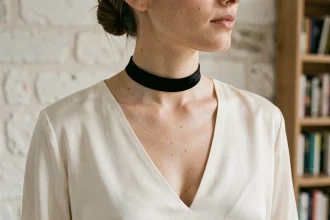 Femme portant un collier choker en velours noir sur un décolleté plongeant en soie ivoire dans un appartement parisien