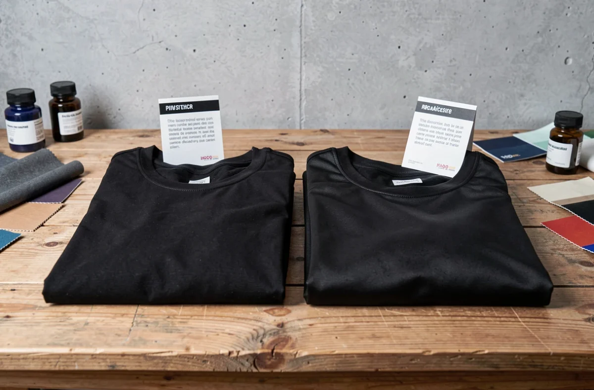 Comparaison tissu coton et polyester teints en noir côte à côte sur table en bois, différence d'absorption de teinture textile