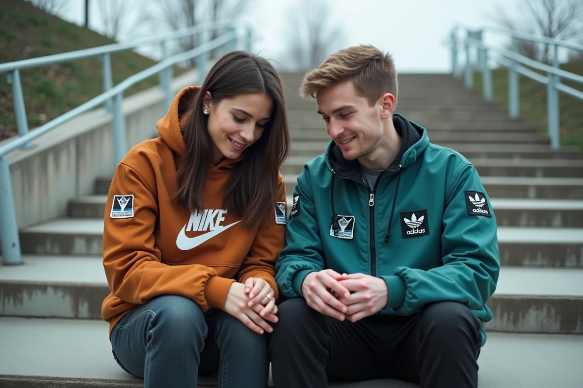 Deux jeunes adultes comparant les logos de leurs vestes Nike et Adidas dans un skatepark urbain, illustrant les différences entre grandes marques streetwear
