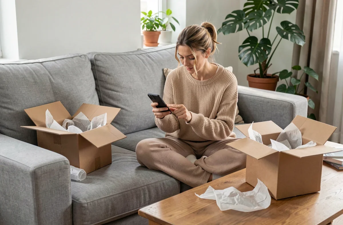 Femme comparant des robes pas chères sur une application de shopping entourée de colis livrés à domicile