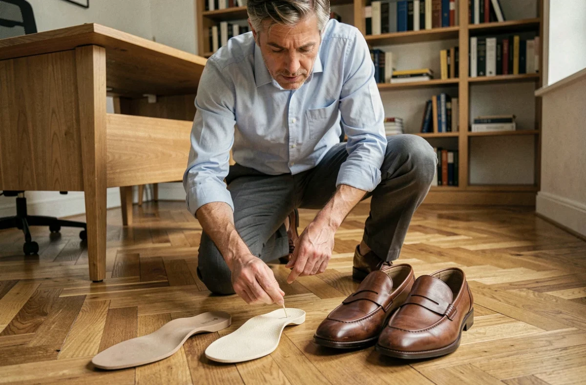 Homme comparant différentes semelles pour ajuster une chaussure trop grande posée sur parquet