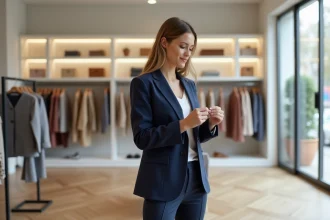 Femme comparant des étiquettes de taille dans une boutique de vêtements moderne, portant un blazer IKKS bien ajusté