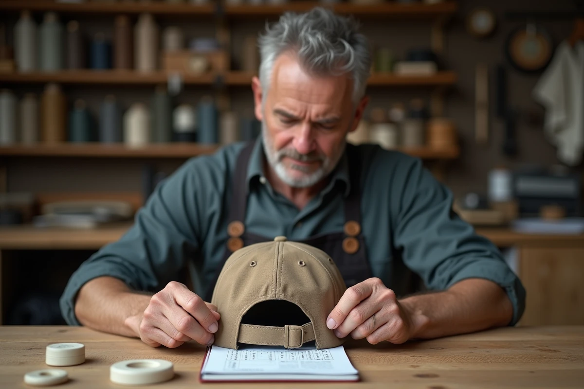 Artisan comparant les mesures intérieures d'une casquette avec un guide de tailles manuscrit dans un atelier de broderie