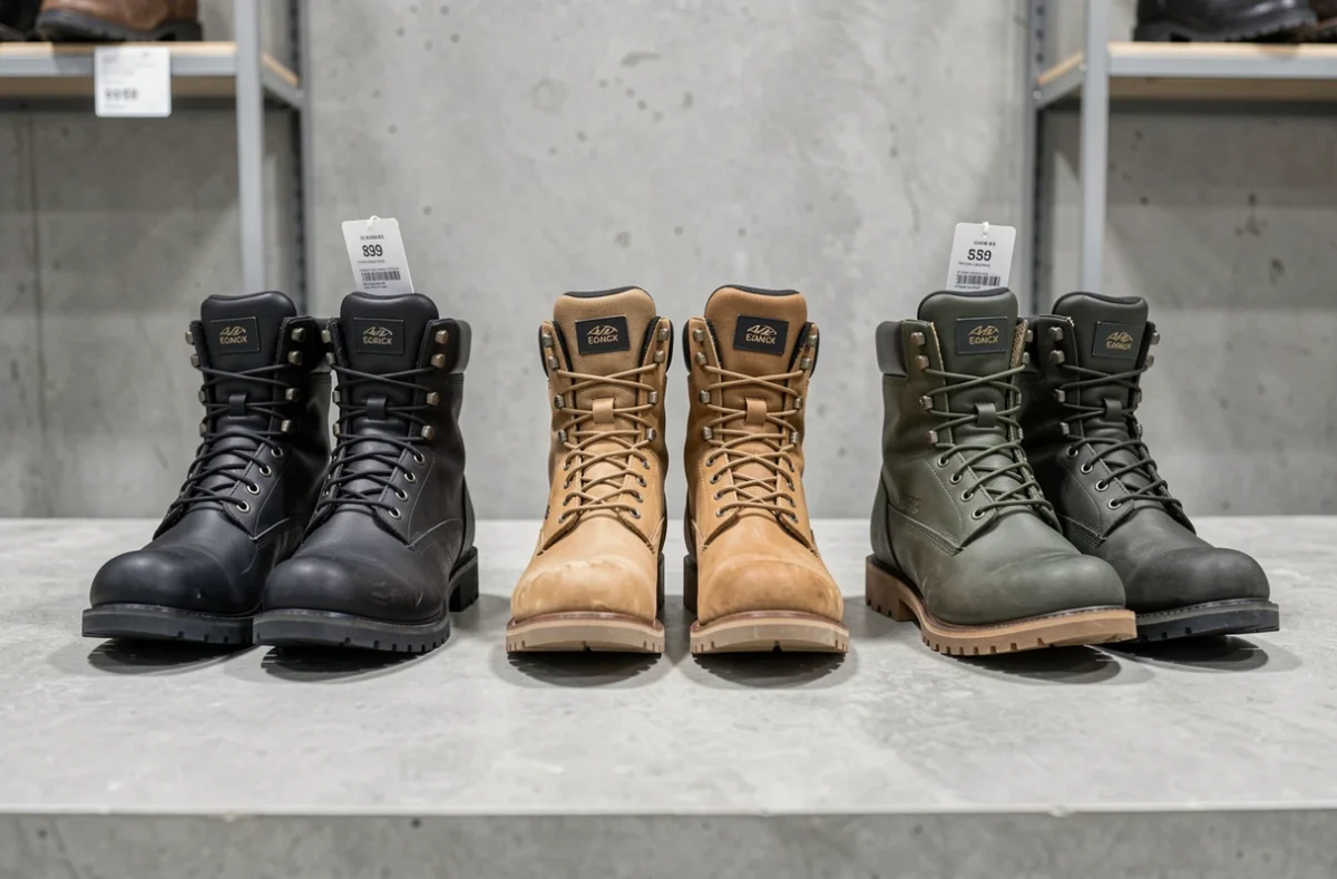Comparaison de trois paires de rangers homme en cuir noir, camel et vert olive alignées sur béton gris pour un achat éclairé