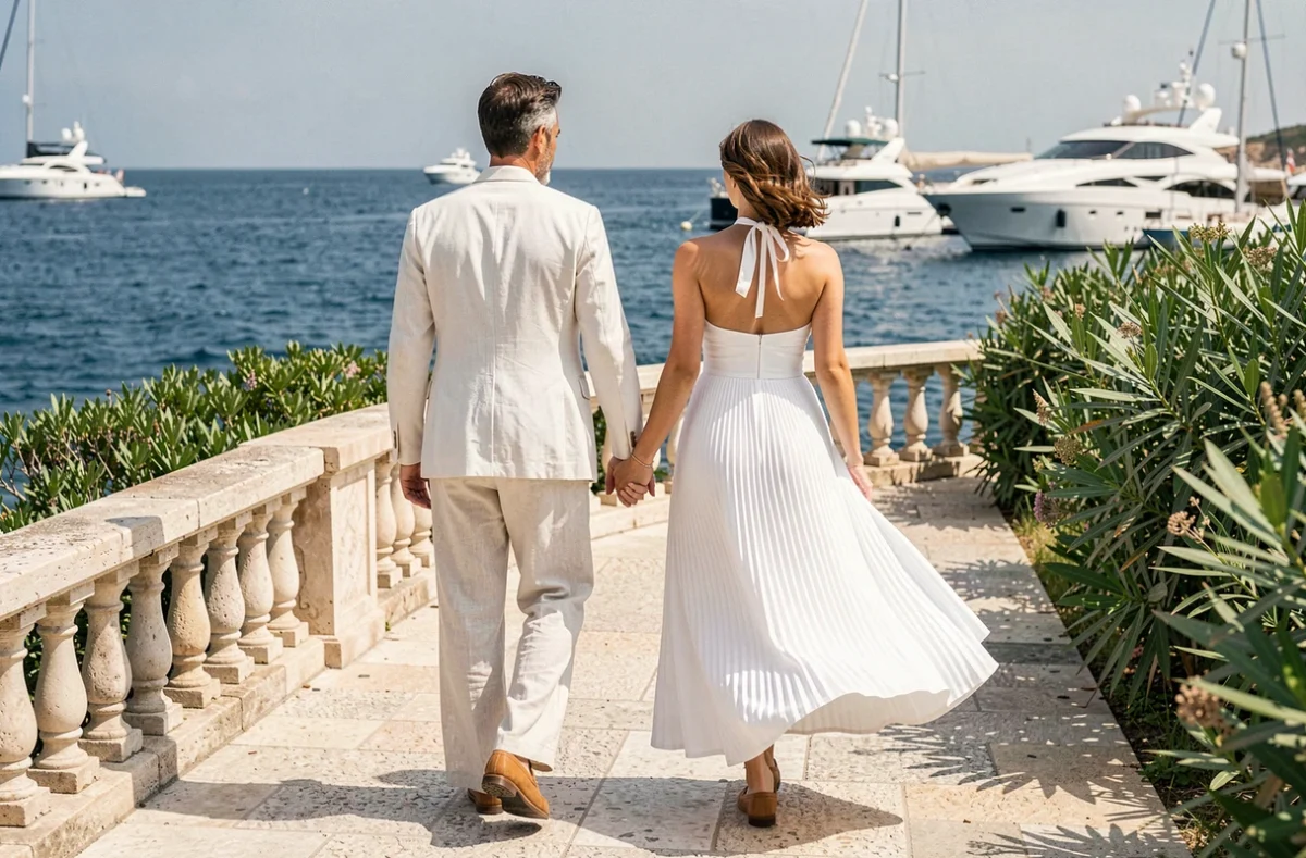 Couple de dos en tenue blanche de soirée marchant sur une promenade méditerranéenne au bord de la mer, homme en lin blanc et femme en robe longue blanche