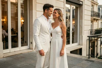 Couple en tenue blanche de soirée harmonisée, homme en costume blanc et femme en robe blanche mi-longue sur une terrasse parisienne